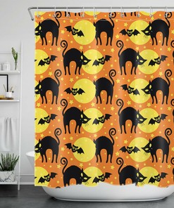 Full Moon Black Cat And Bat Shower Curtain - Eerie Halloween Decor
