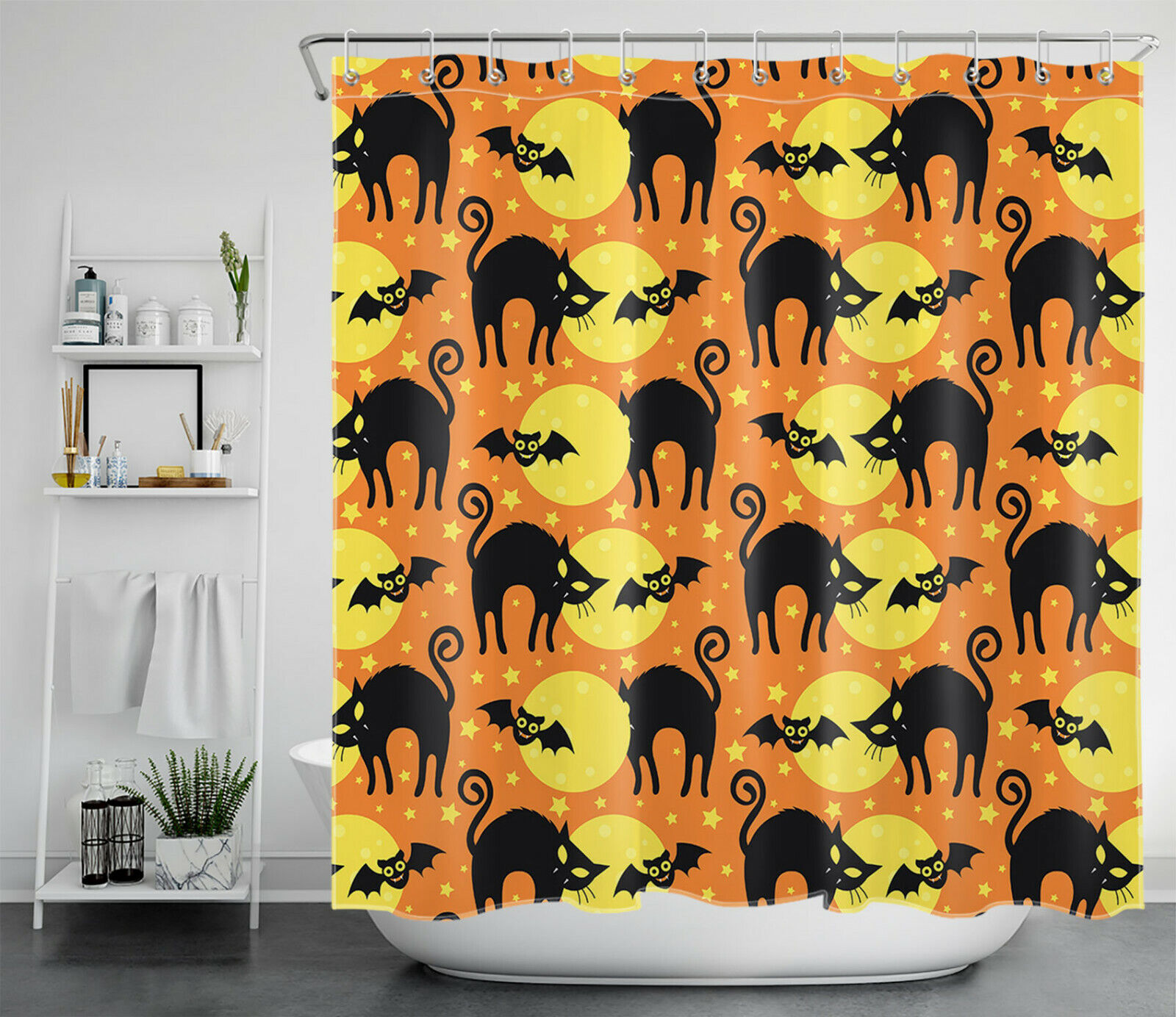 Full Moon Black Cat And Bat Shower Curtain - Eerie Halloween Decor