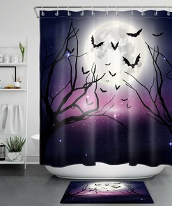 Full Moon Castle And Black Cat Shower Curtain - Classic Halloween Theme