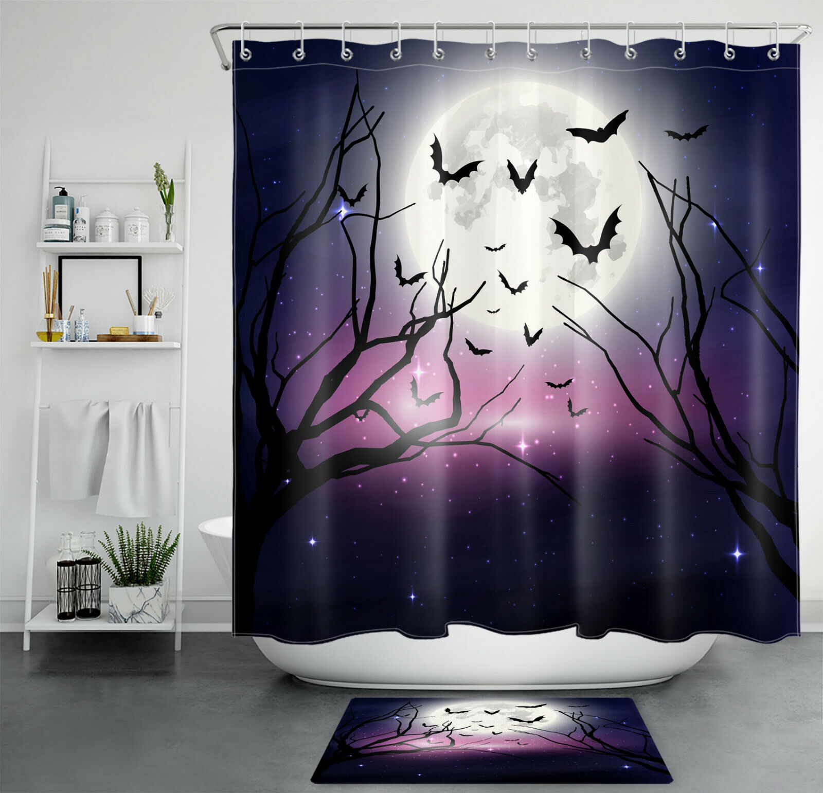 Full Moon Castle And Black Cat Shower Curtain - Classic Halloween Theme