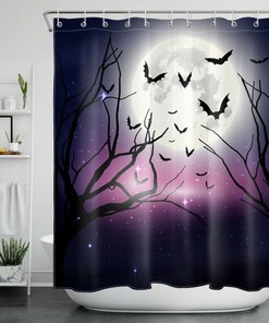 Full Moon Castle And Black Cat Shower Curtain - Classic Halloween Theme