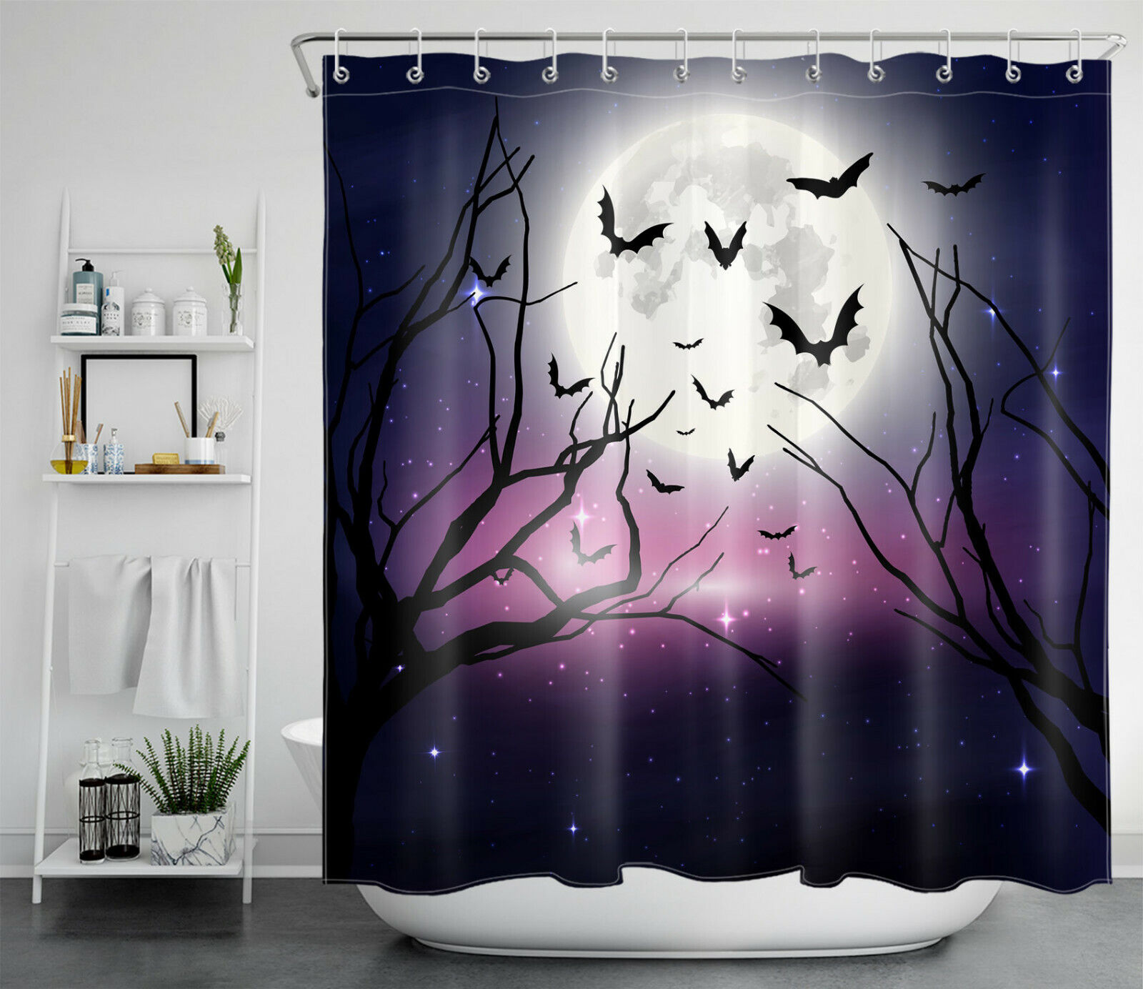 Full Moon Castle And Black Cat Shower Curtain - Classic Halloween Theme