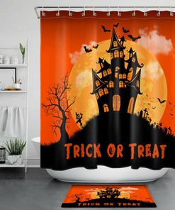 Full Moon Castle Shower Curtain - Bat And Owl Halloween Bathroom Decor