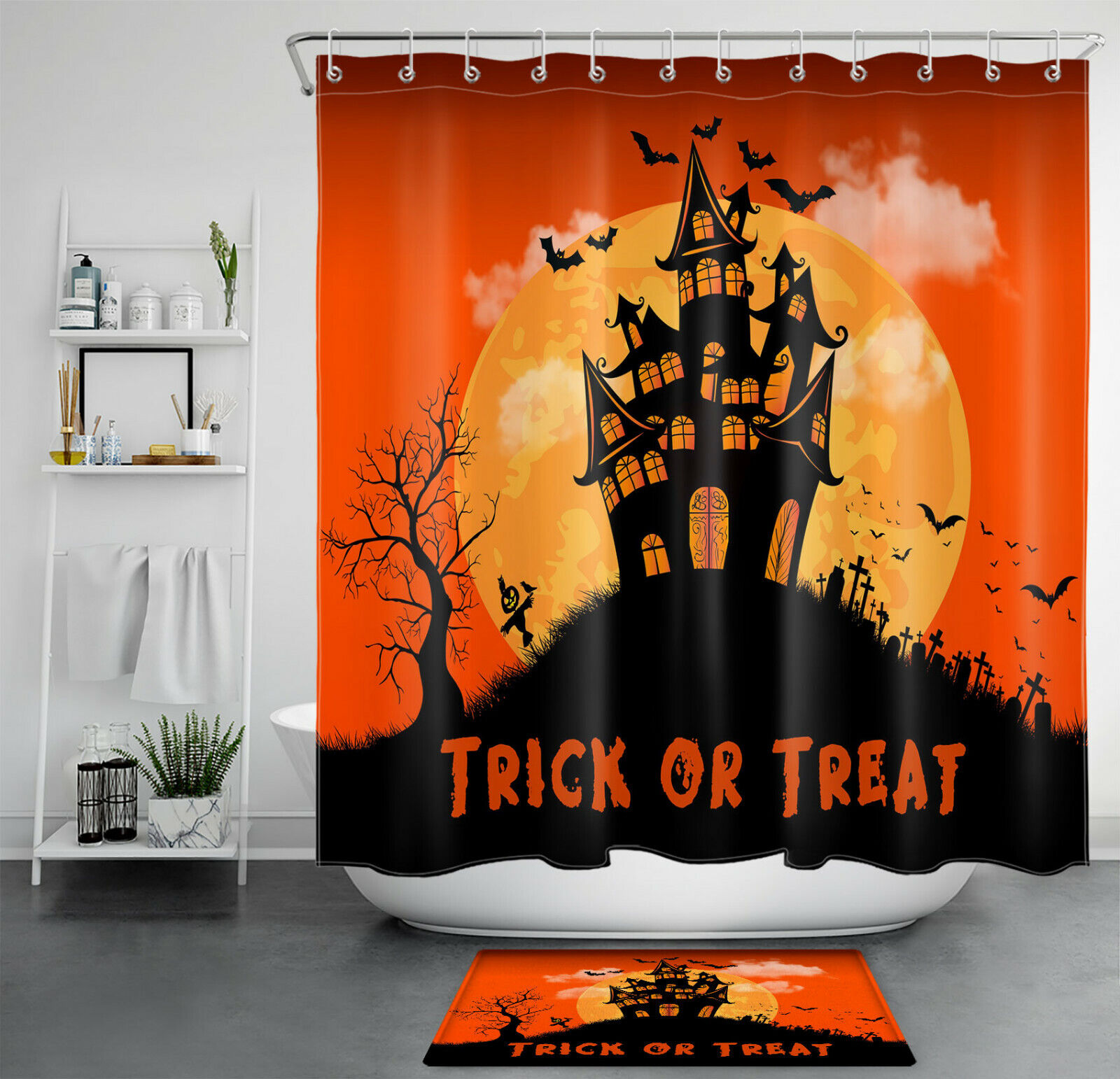 Full Moon Castle Shower Curtain - Bat And Owl Halloween Bathroom Decor