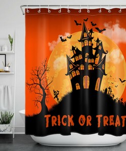 Full Moon Castle Shower Curtain - Bat And Owl Halloween Bathroom Decor