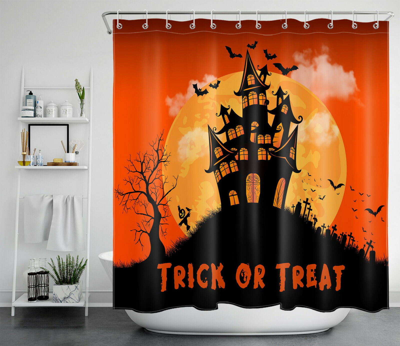 Full Moon Castle Shower Curtain - Bat And Owl Halloween Bathroom Decor