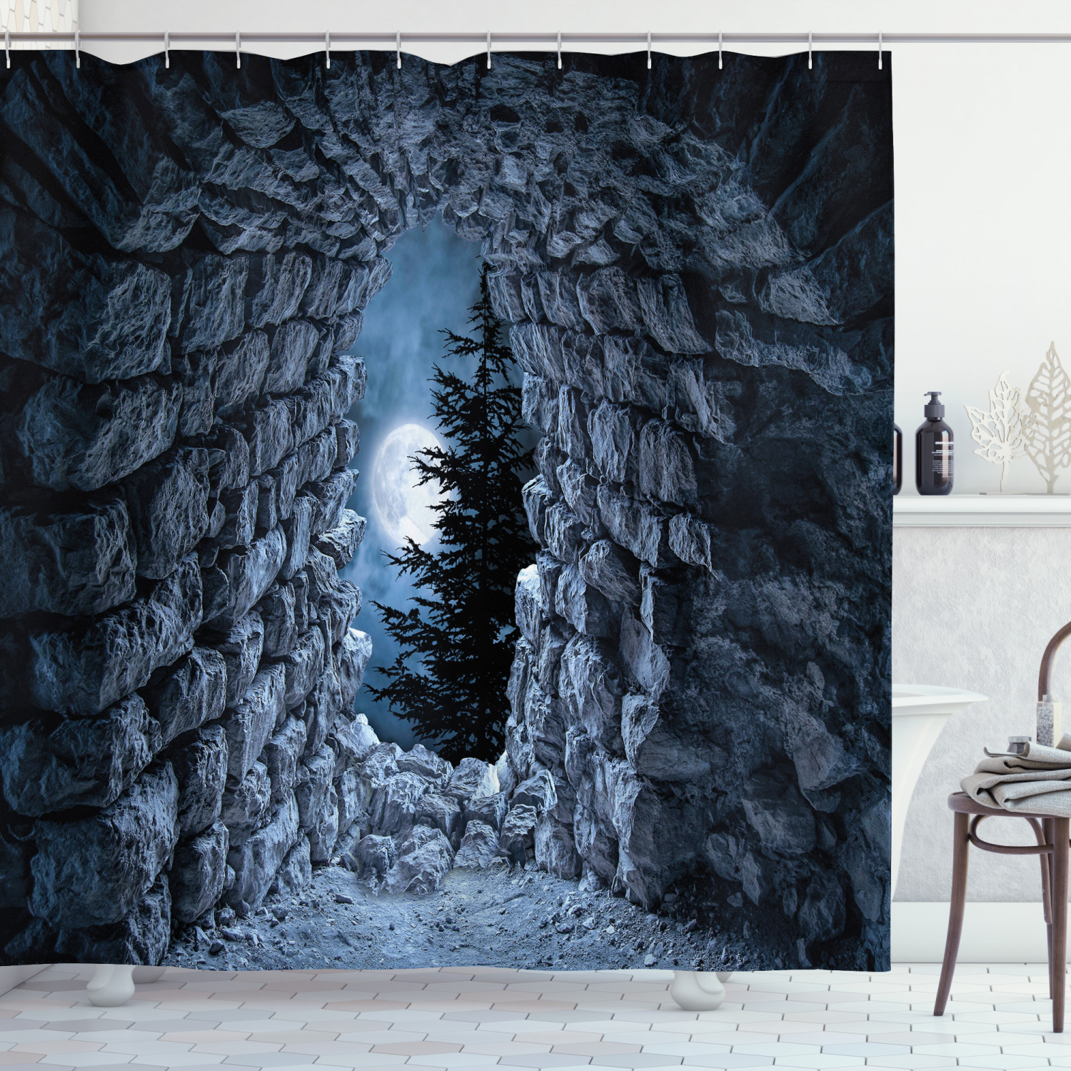 Full Moon Dark Cave Gothic Shower Curtain Eerie And Spooky Bathroom Decoration