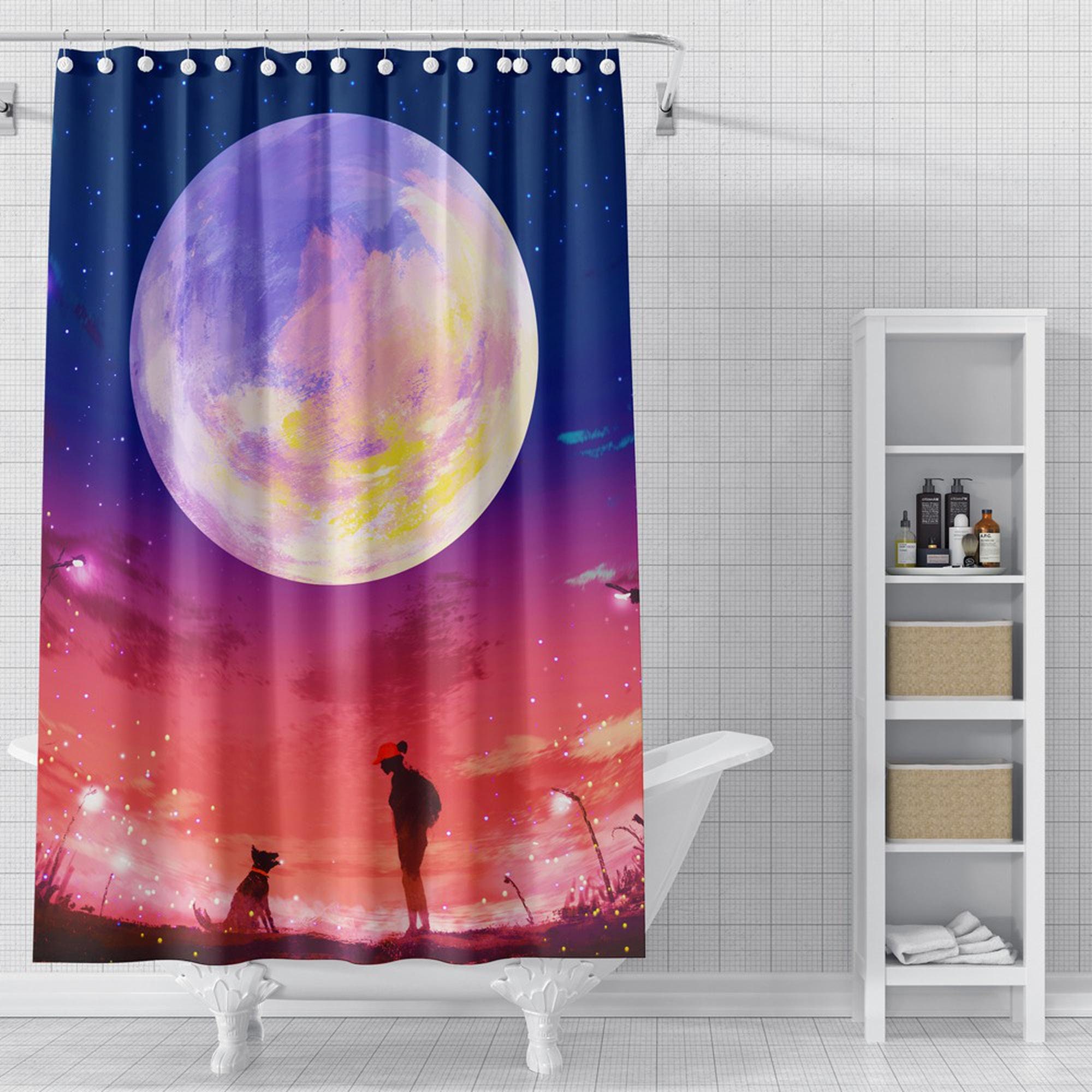 Full Moon Dog Silhouette Shower Curtain For A Celestial Bath Decor