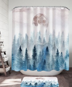 Full Moon Forest Painting Shower Curtain, Scenic Art For Nature-Inspired Bathroom Decor