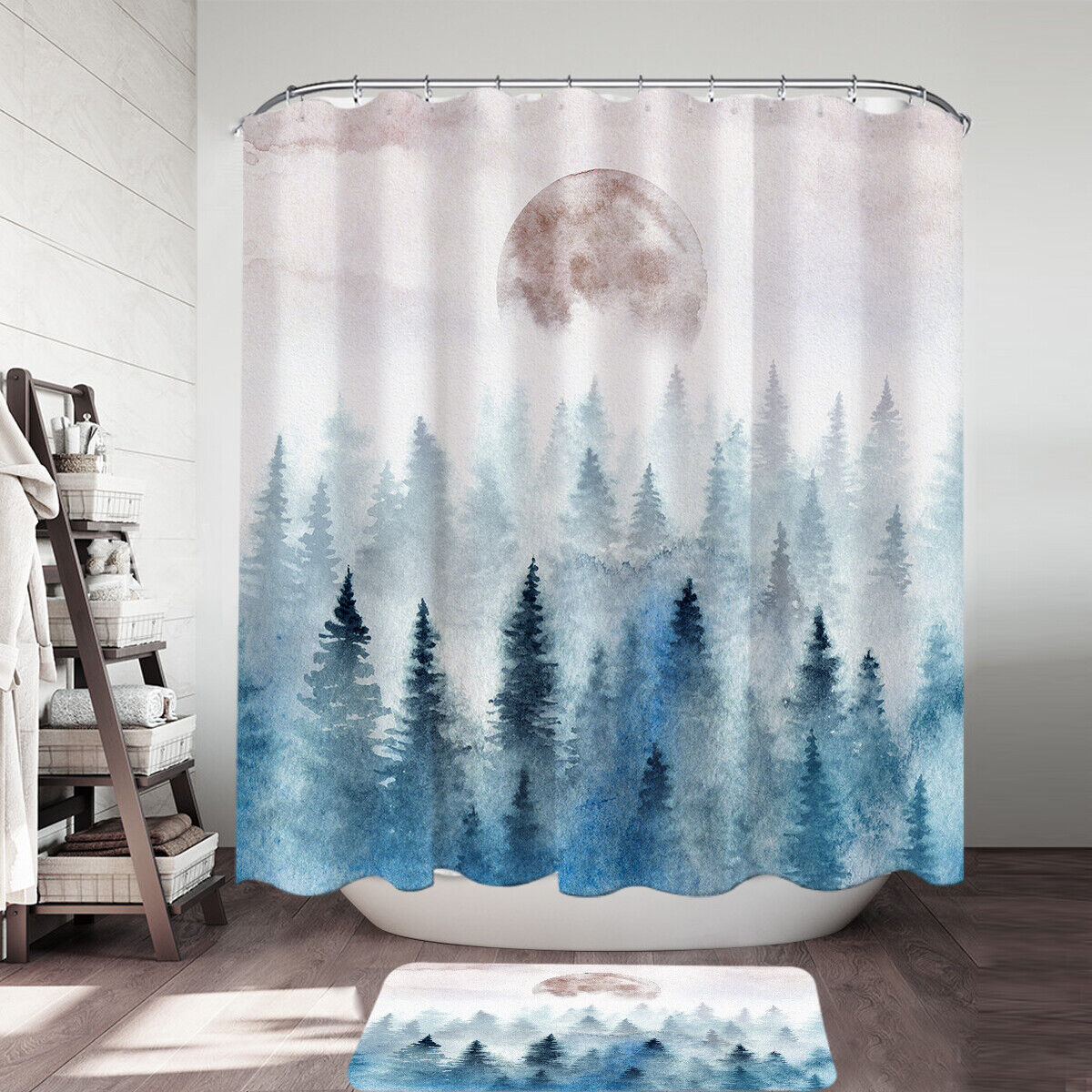 Full Moon Forest Painting Shower Curtain, Scenic Art For Nature-Inspired Bathroom Decor