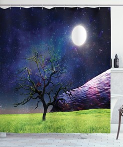 Full Moon Galaxy Grass Print Tree Shower Curtain for Bathroom