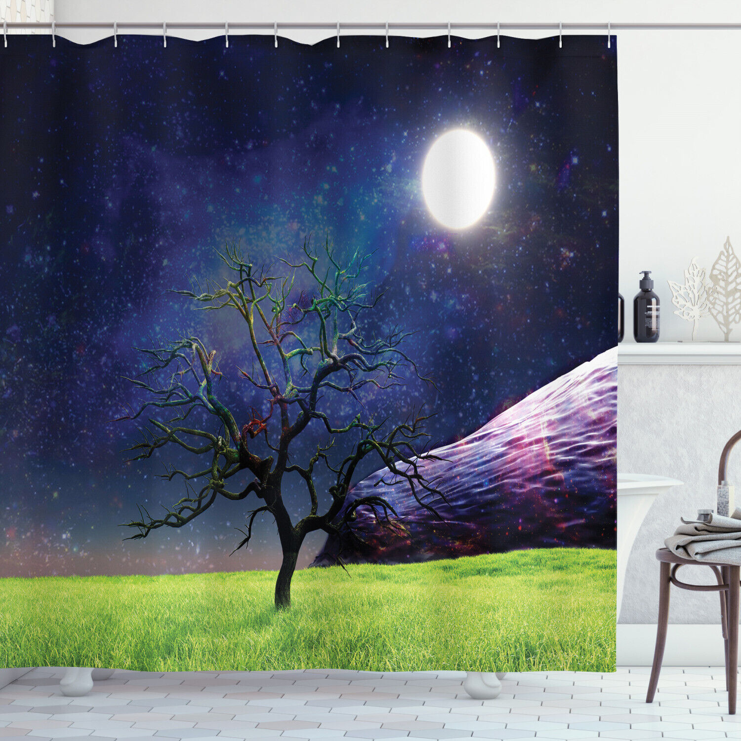 Full Moon Galaxy Grass Print Tree Shower Curtain for Bathroom