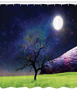 Full Moon Galaxy Grass Print Tree Shower Curtain for Bathroom