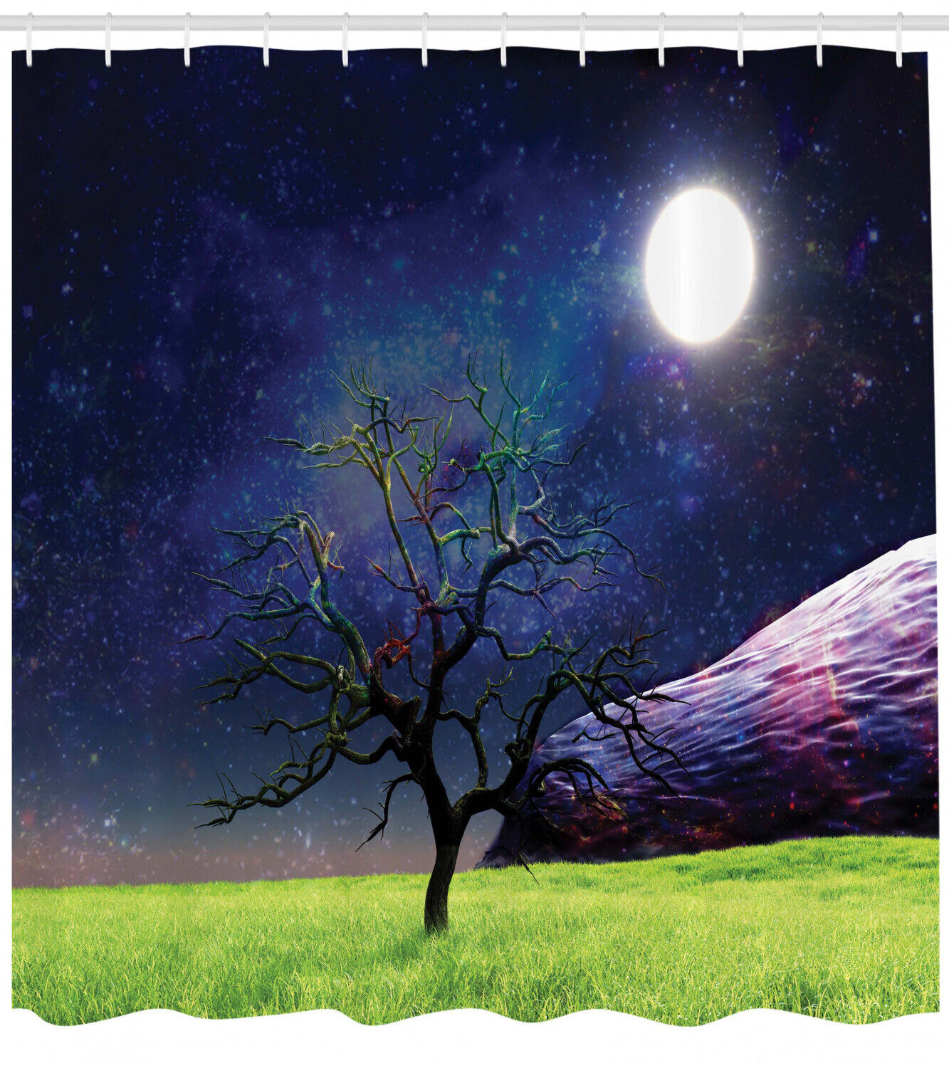 Full Moon Galaxy Grass Print Tree Shower Curtain for Bathroom