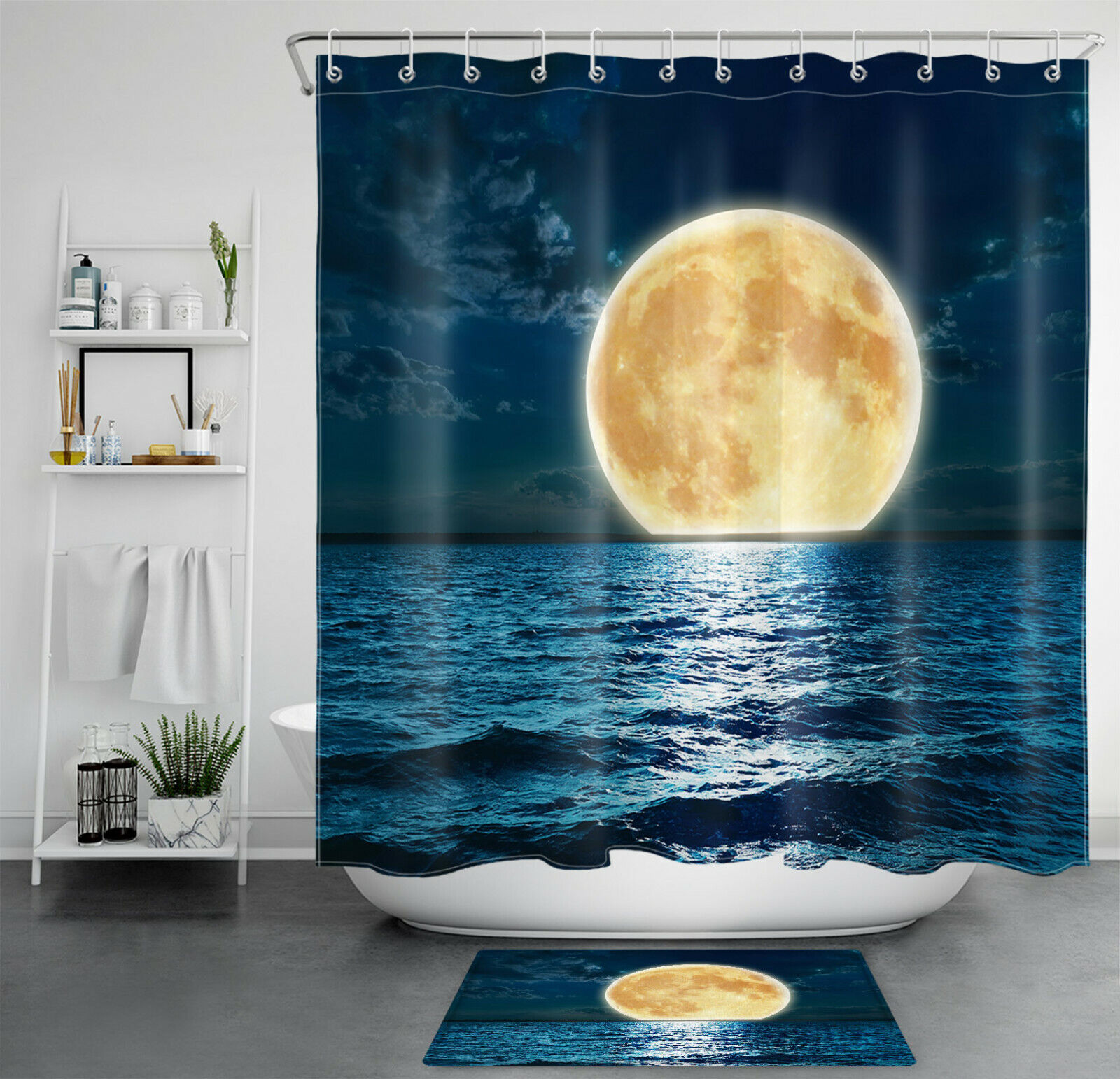 Full Moon Night Sea Ocean Shower Curtain for a Coastal Bathroom