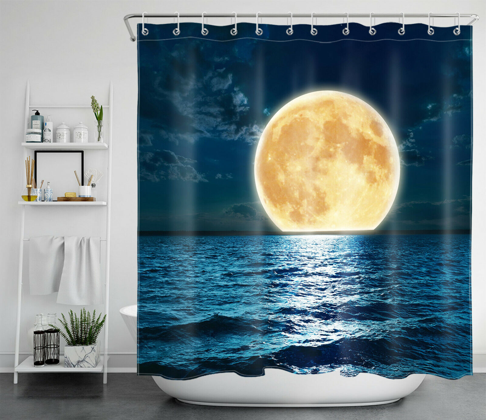 Full Moon Night Sea Ocean Shower Curtain for a Coastal Bathroom