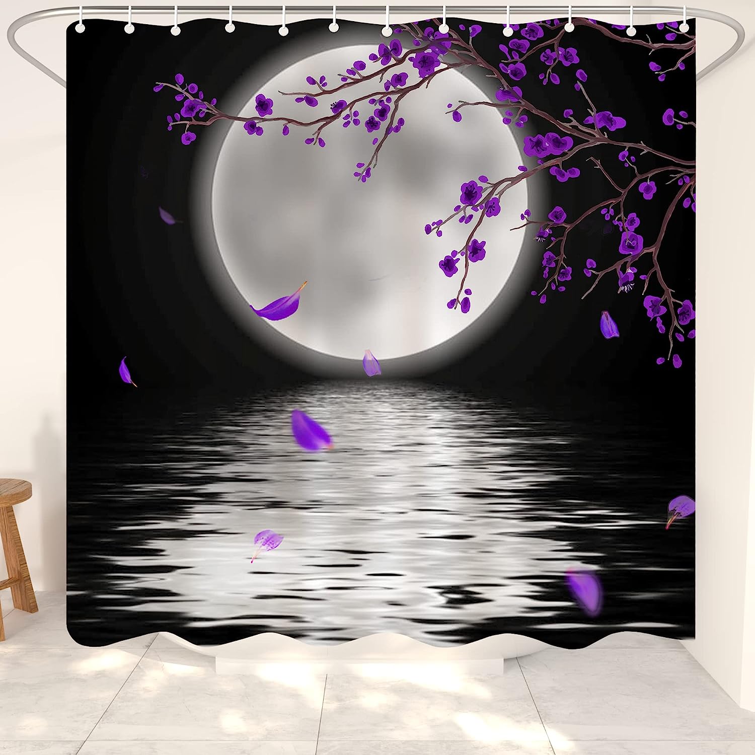 Full Moon Night With Purple Flower Shower Curtain For A Romantic Bathroom - Image 2