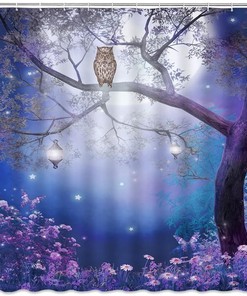 Full Moon Owl Shower Curtain with Bird and Forest Scenery for Enchanting Bathroom Decor