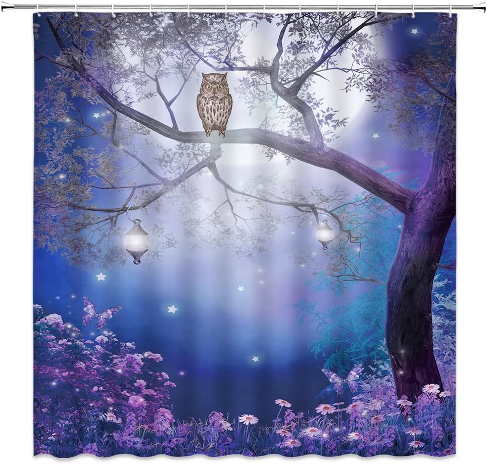 Full Moon Owl Shower Curtain with Bird and Forest Scenery for Enchanting Bathroom Decor