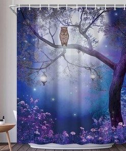 Full Moon Owl Shower Curtain with Bird and Forest Scenery for Enchanting Bathroom Decor