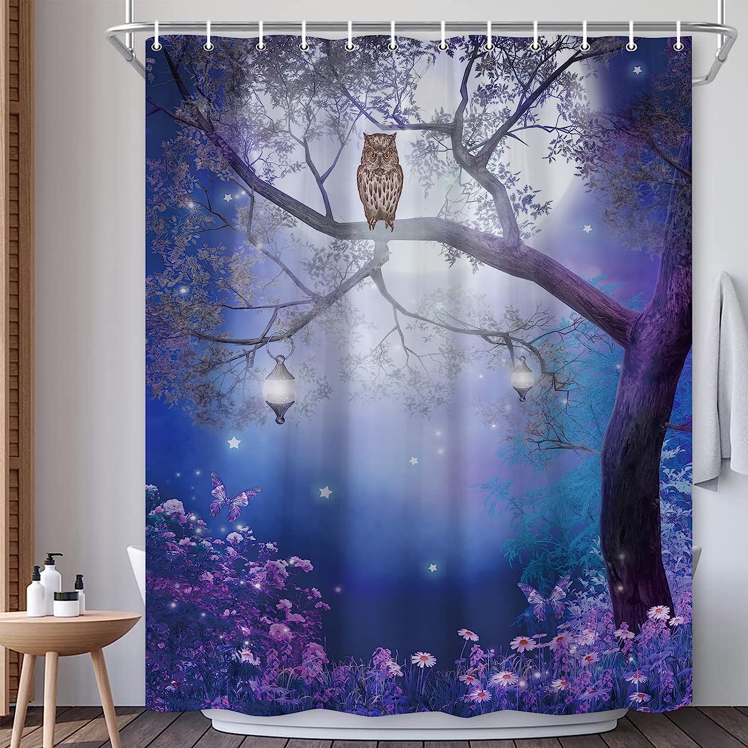 Full Moon Owl Shower Curtain with Bird and Forest Scenery for Enchanting Bathroom Decor