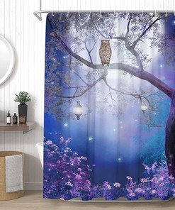 Full Moon Owl Shower Curtain with Bird and Forest Scenery for Enchanting Bathroom Decor