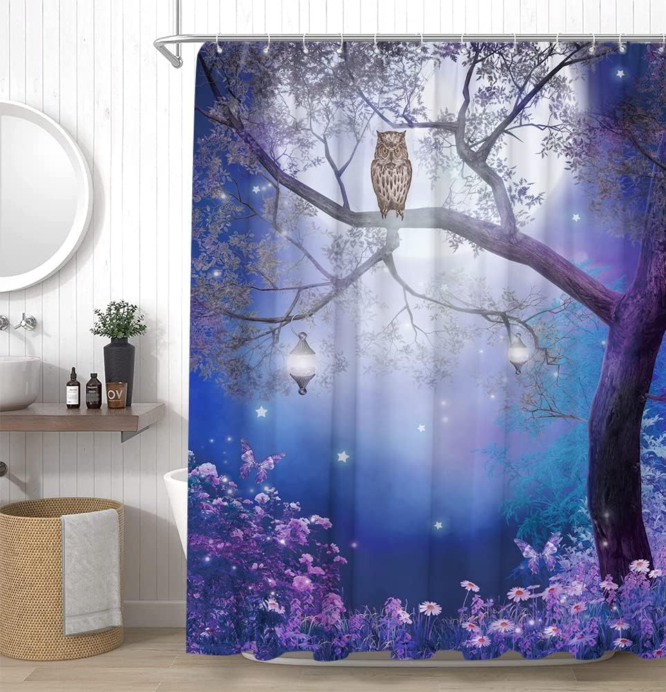 Full Moon Owl Shower Curtain with Bird and Forest Scenery for Enchanting Bathroom Decor