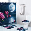 Full Moon Pink Flower Waterproof Shower Curtain Set For Bathrooms