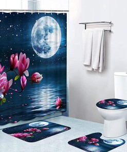 Full Moon Pink Flower Waterproof Shower Curtain Set For Bathrooms
