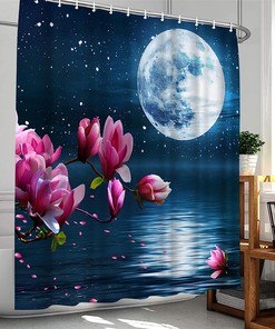 Full Moon Pink Flower Waterproof Shower Curtain Set For Bathrooms