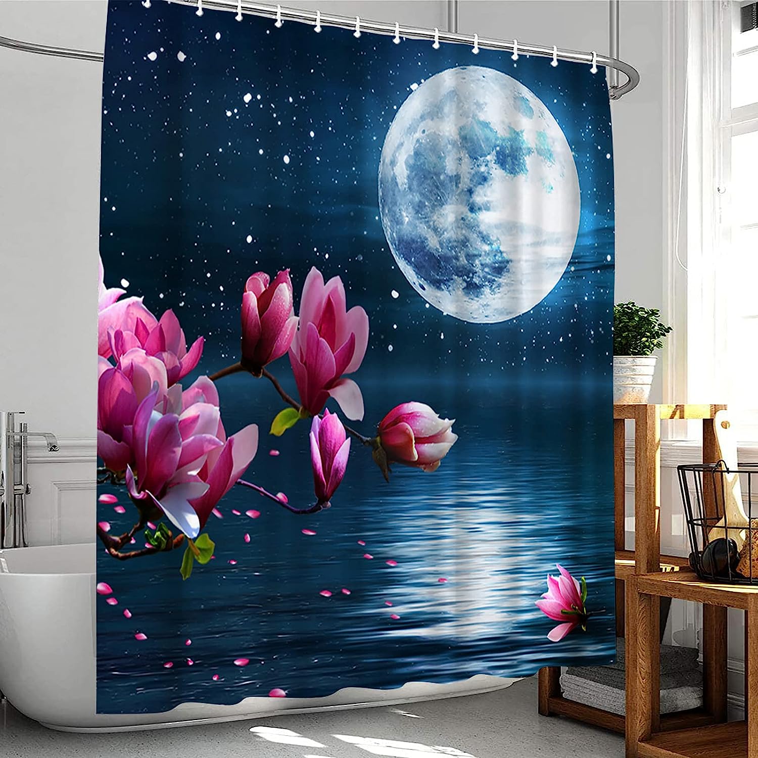 Full Moon Pink Flower Waterproof Shower Curtain Set For Bathrooms