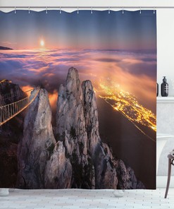 Full Moon Print Shower Curtain with a Serene Mountain Landscape