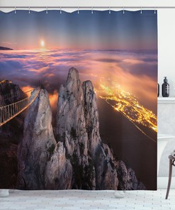 Full Moon Print Shower Curtain with a Serene Mountain Landscape