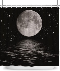 Full Moon Shower Curtain - Ocean Sea Water Cloud Bathroom Decor Starry Sky Shower Curtain Fabrics