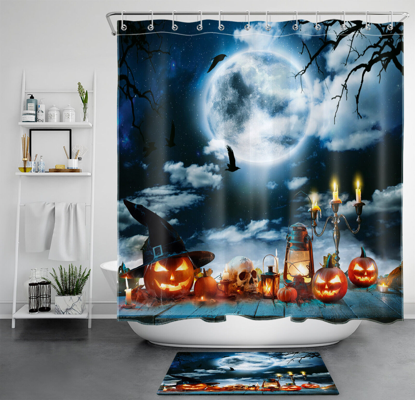 Full Moon Skull Pumpkin Horror Shower Curtain For Bathroom Decor - Halloween