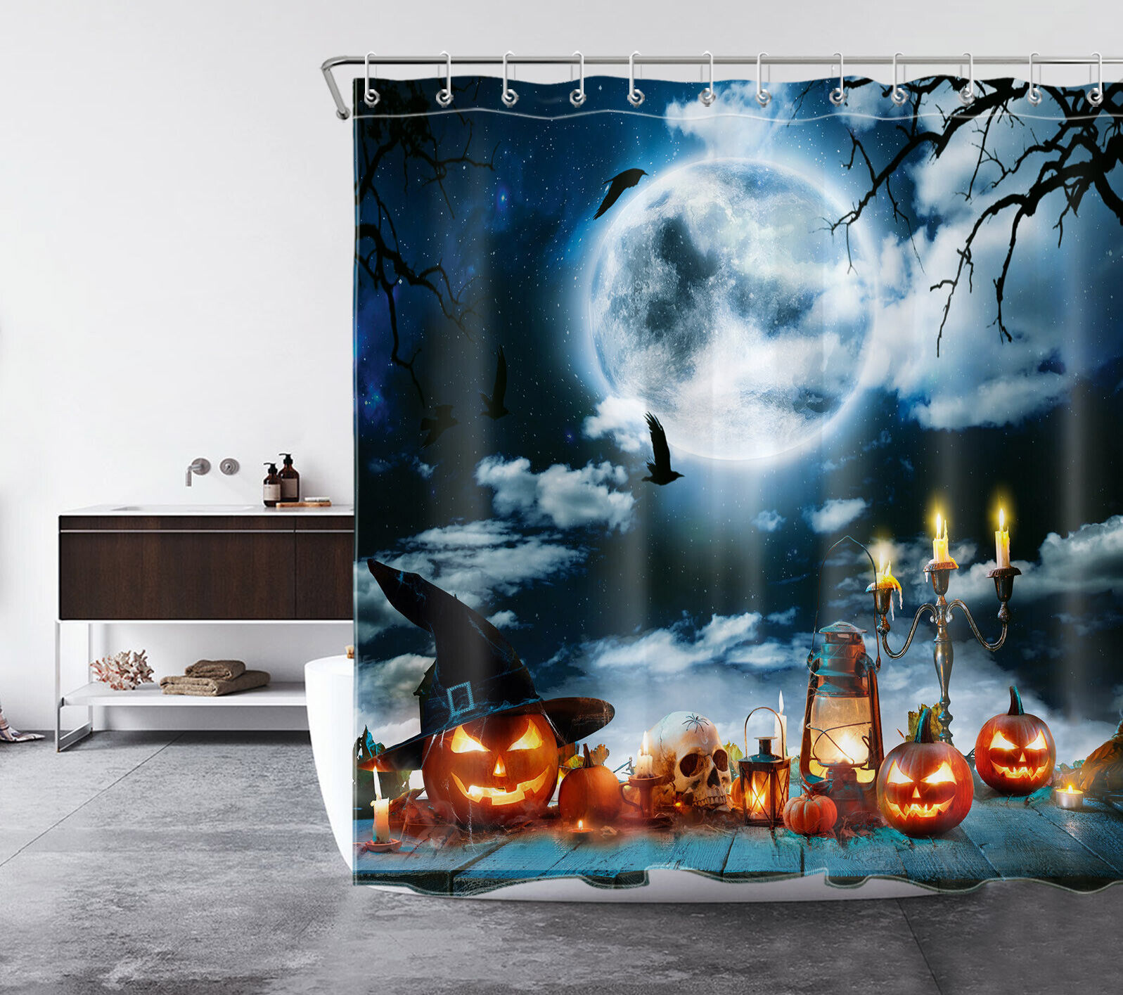Full Moon Skull Pumpkin Horror Shower Curtain For Bathroom Decor - Halloween