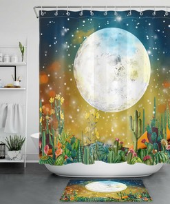 Full Moon Starry Sky And Cactus Flowers Shower Curtain For A Southwestern Bath