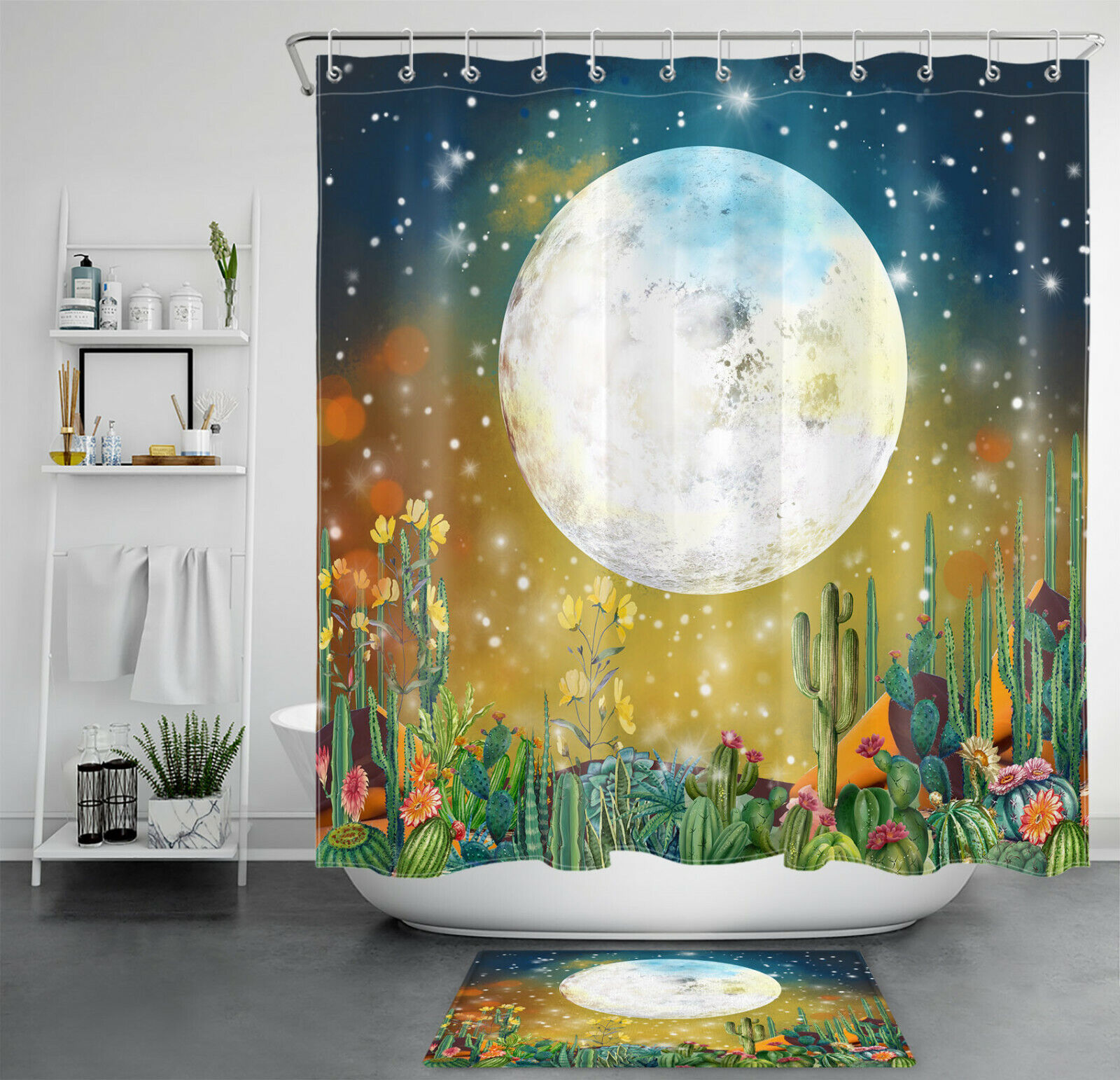 Full Moon Starry Sky And Cactus Flowers Shower Curtain For A Southwestern Bath