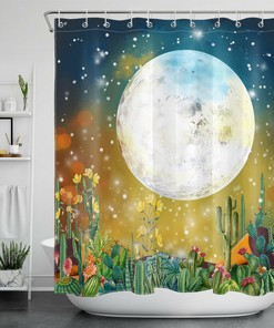 Full Moon Starry Sky And Cactus Flowers Shower Curtain For A Southwestern Bath