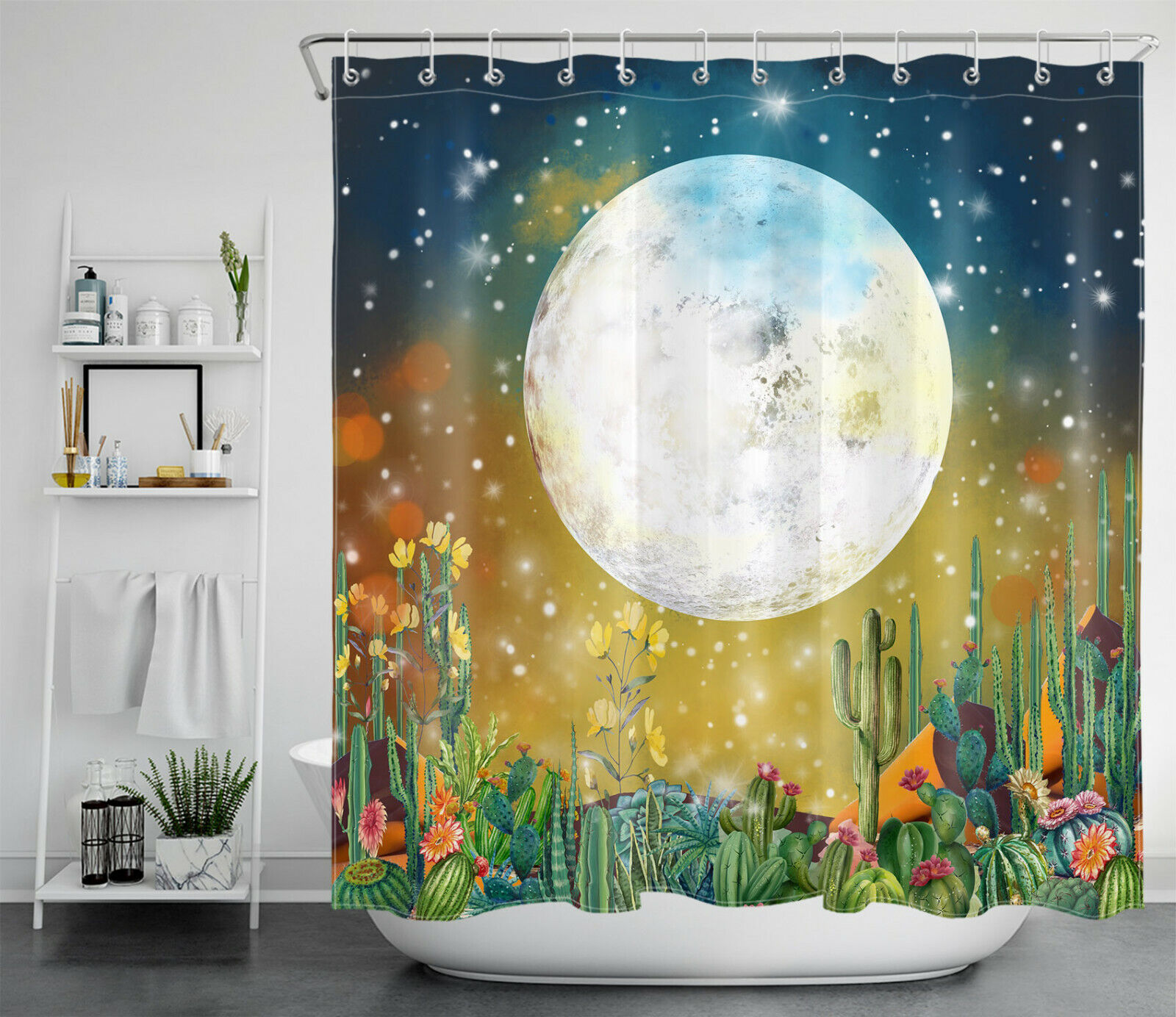 Full Moon Starry Sky And Cactus Flowers Shower Curtain For A Southwestern Bath