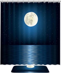Full Moon Starry Sky And Ocean Waterproof Bathroom Shower Curtain