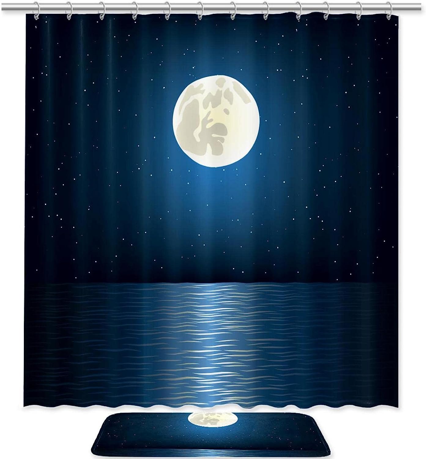 Full Moon Starry Sky And Ocean Waterproof Bathroom Shower Curtain