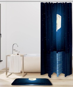 Full Moon Starry Sky And Ocean Waterproof Bathroom Shower Curtain