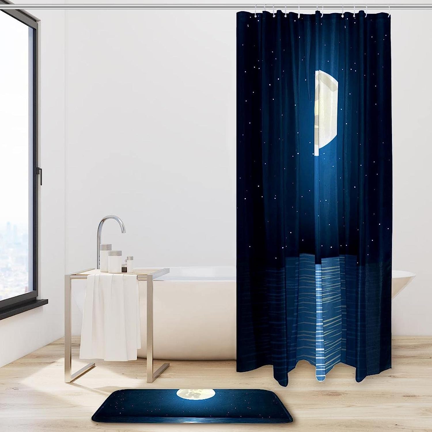 Full Moon Starry Sky And Ocean Waterproof Bathroom Shower Curtain