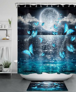 Full Moon Teal Butterfly Shower Curtain Bathroom Decor with Night Sky Scenery