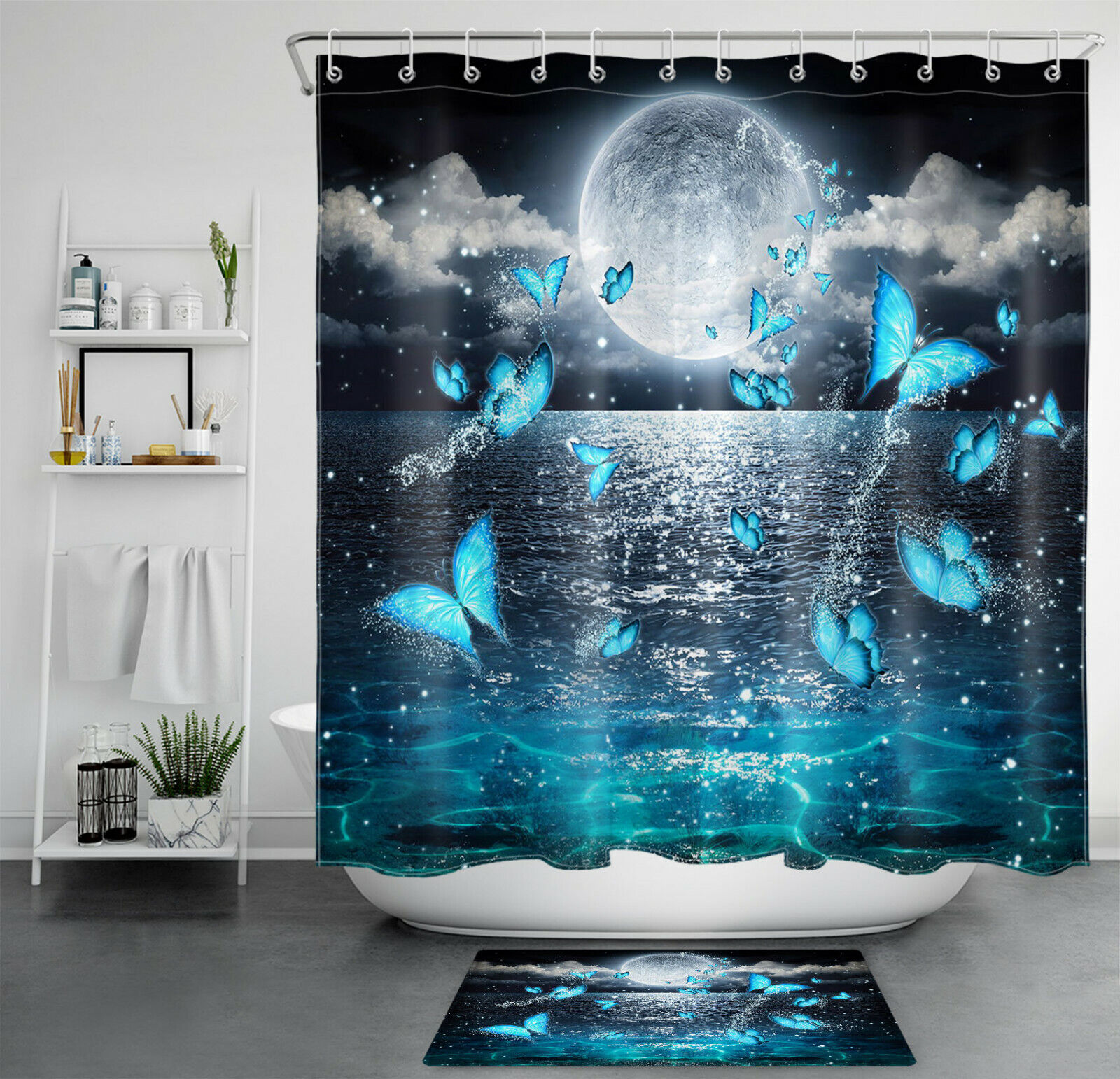 Full Moon Teal Butterfly Shower Curtain Bathroom Decor with Night Sky Scenery
