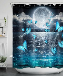 Full Moon Teal Butterfly Shower Curtain Bathroom Decor with Night Sky Scenery