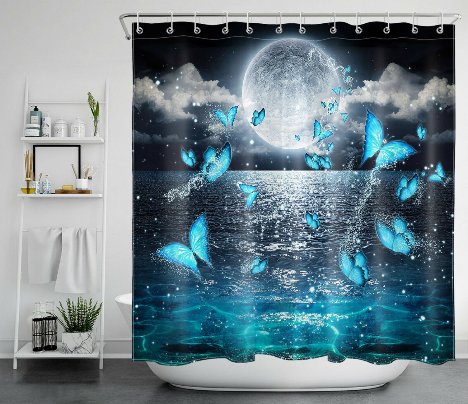 Full Moon Teal Butterfly Shower Curtain Bathroom Decor with Night Sky Scenery