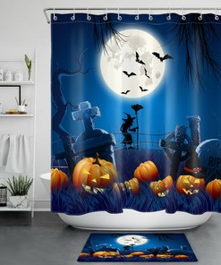Full Moon Witch And Pumpkins Shower Curtain - Creepy Halloween Decor