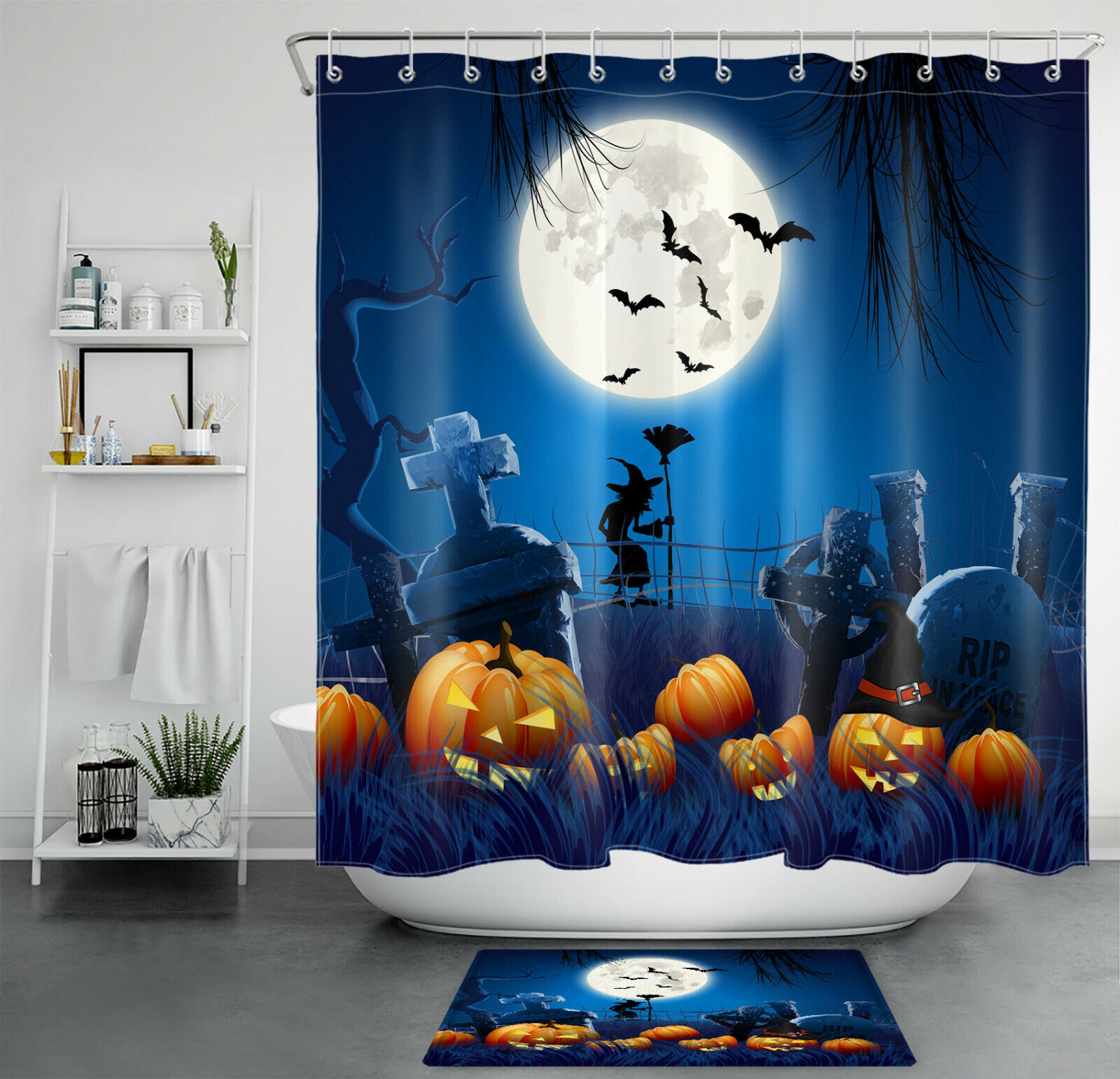 Full Moon Witch And Pumpkins Shower Curtain - Creepy Halloween Decor